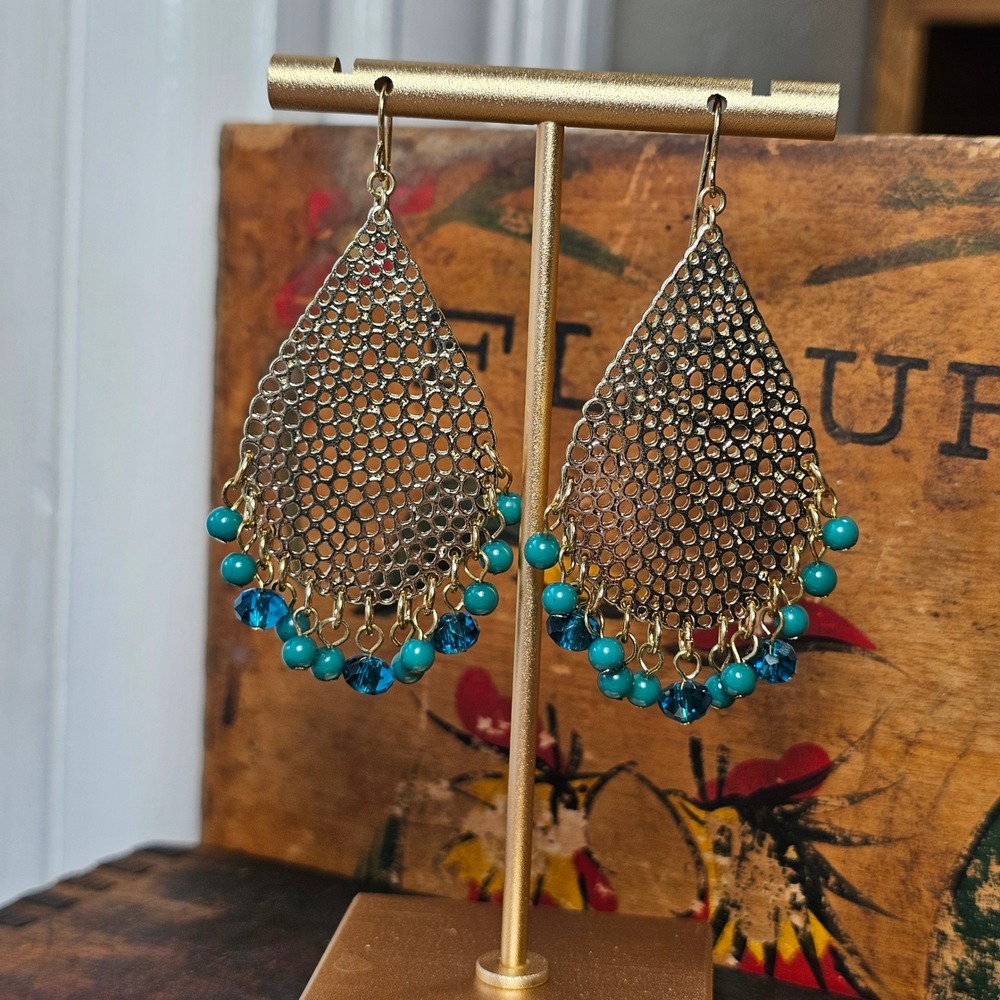 Gold Tone Turquoise Blue Teardrop Dangle Earrings Women OS  Boho Beaded Mesh